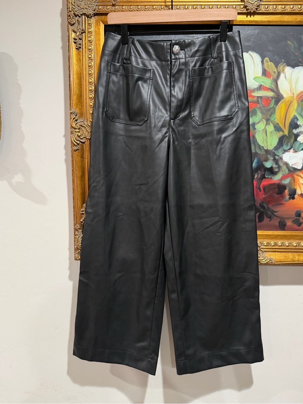 DKNY Black Faux Leather Wide-Leg  Pants